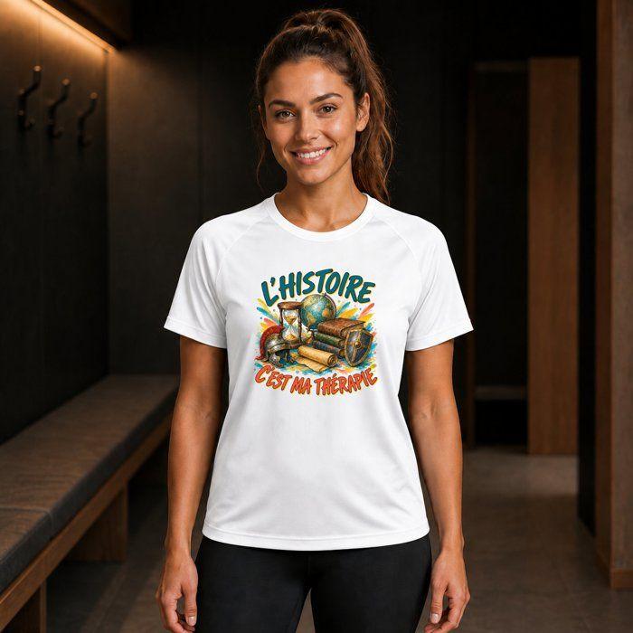 T-shirt de Sport Femme L’Histoire c’est ma thérapie | Polyester Respirant 140 g/m² Manches Raglan Dos Long Taille XL | Running