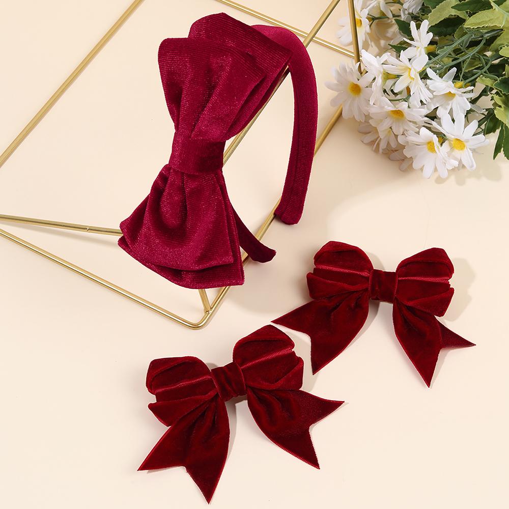 1 Large Velvet Bow Headband With 2 Hair Clips For Girls Vintage Solid Adjustable Hair Hoop Hairband Women Daily Hair Accessories