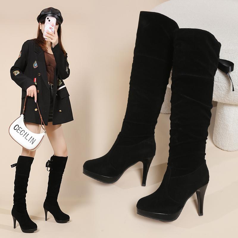 New Women's Shoes High Heel Chunky Heel Mid Lace-up Knight Boots Winter Sexy Black and White Knee Boots