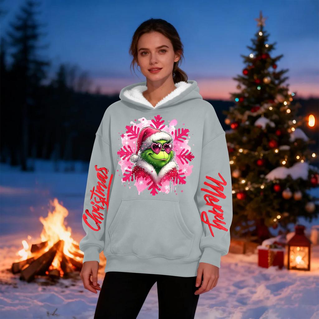 Damen Casual Mode Plus Samt Verdicktes Weihnachtsdruck Kapuzensweatshirt