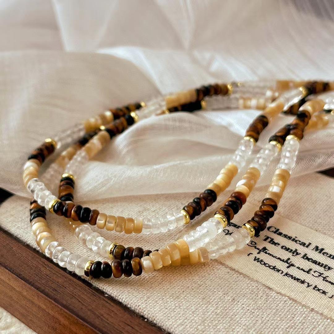 

Vintage Maillard Style Autumn And Winter New Product Natural Tiger S Eye Stone White Crystal Shell Mixed And Matched Contrasting Color Necklace