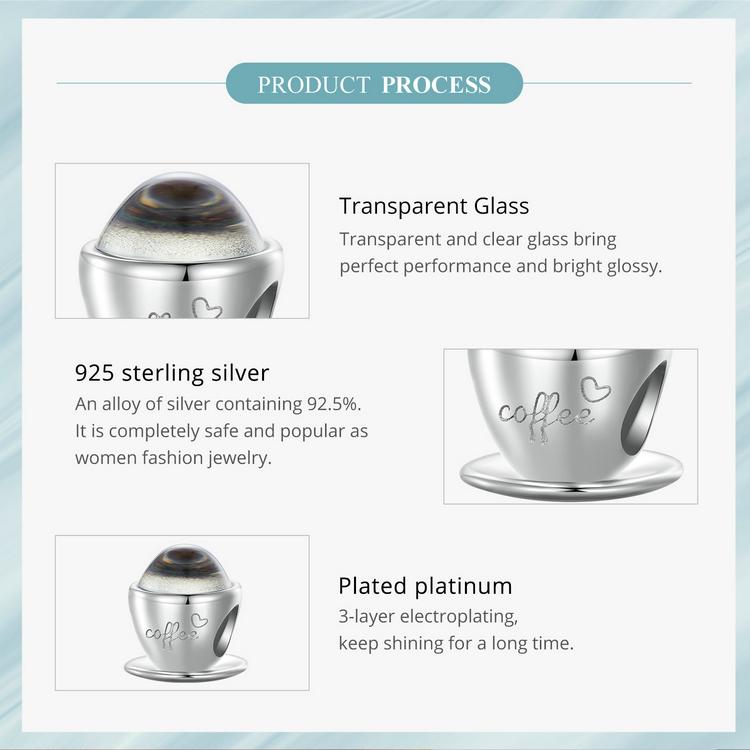 WOSTU 925 Sterling Silver Glittering Glass Coffee Cup Bead Charms for Women Original Necklace Bracelet