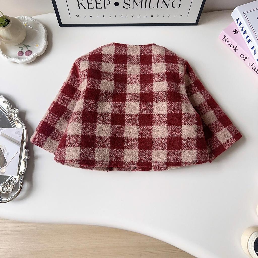 Girls' Mori Style Plaid Wool Coat & Vest Dress Winter Set