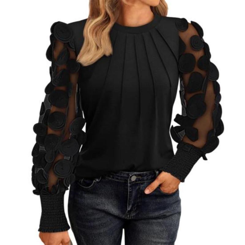 Top da donna, girocollo, in rete, a sbuffo, a maniche lunghe, tinta unita, versatile, stile camicetta