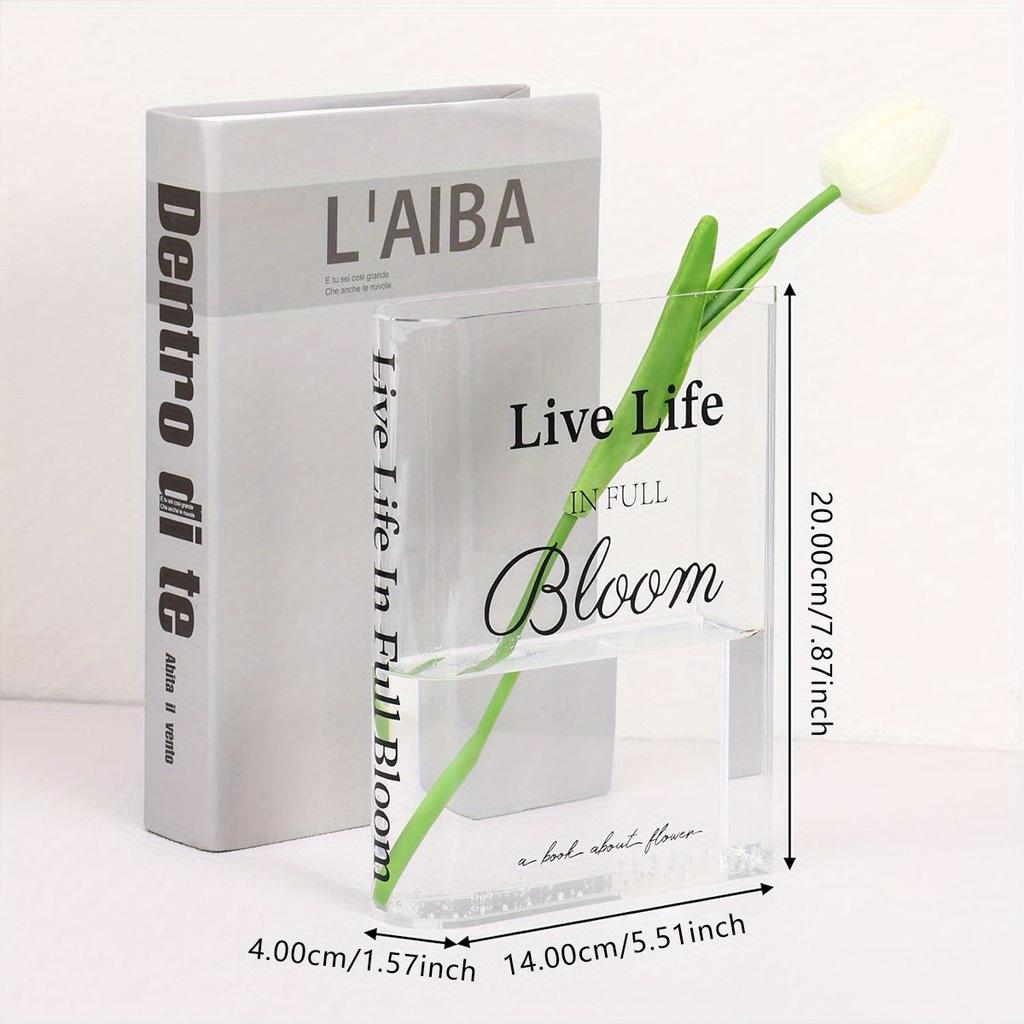 Modern Minimalist Acrylic Vase, Book-Shaped Transparent Design with "Live Life In Full Bloom" Inscription