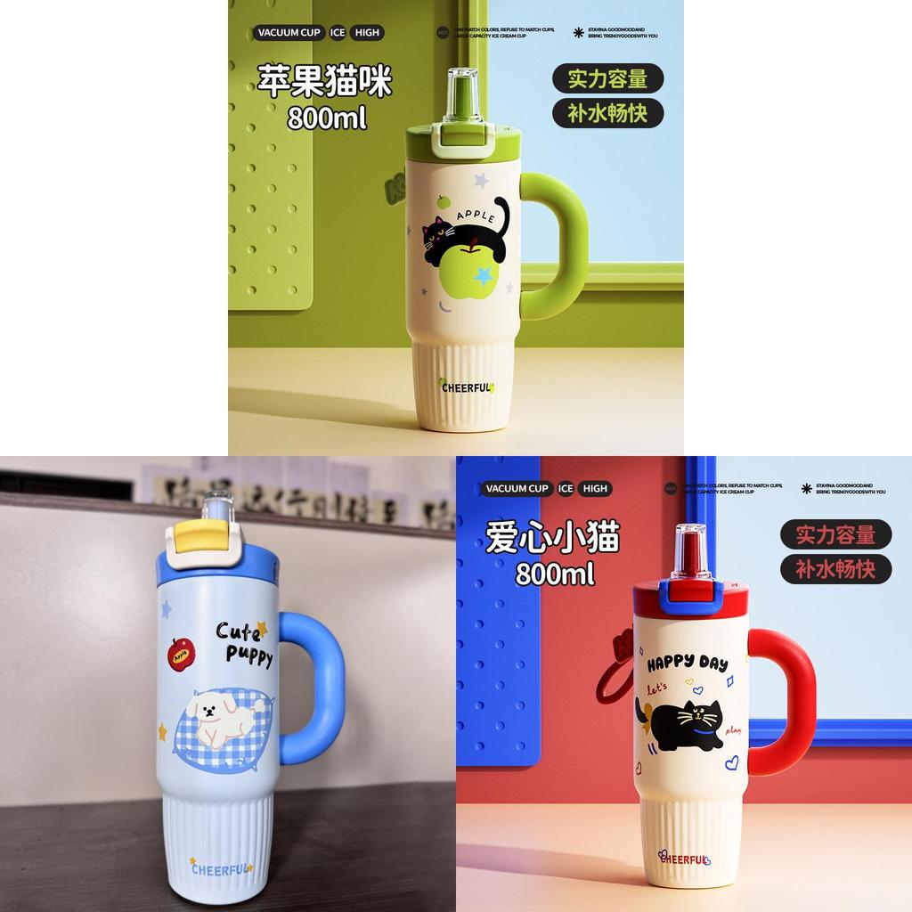 Cute Cat Pattern Stainless Steel Thermos Flask For Girls With Large Capacity And Leakproof Lid