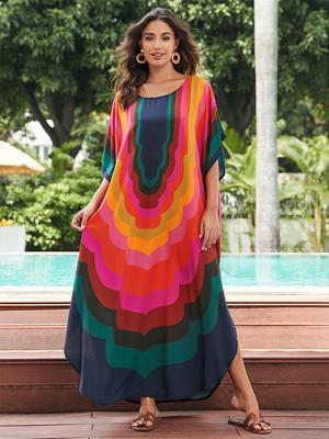 Plus Size Kaftan Orange Schwarz Rot Gestreift Sommer Long Beach Shirt Kleid Damen Homewear Outfit Badeanzug Cover Up Loose Caftan