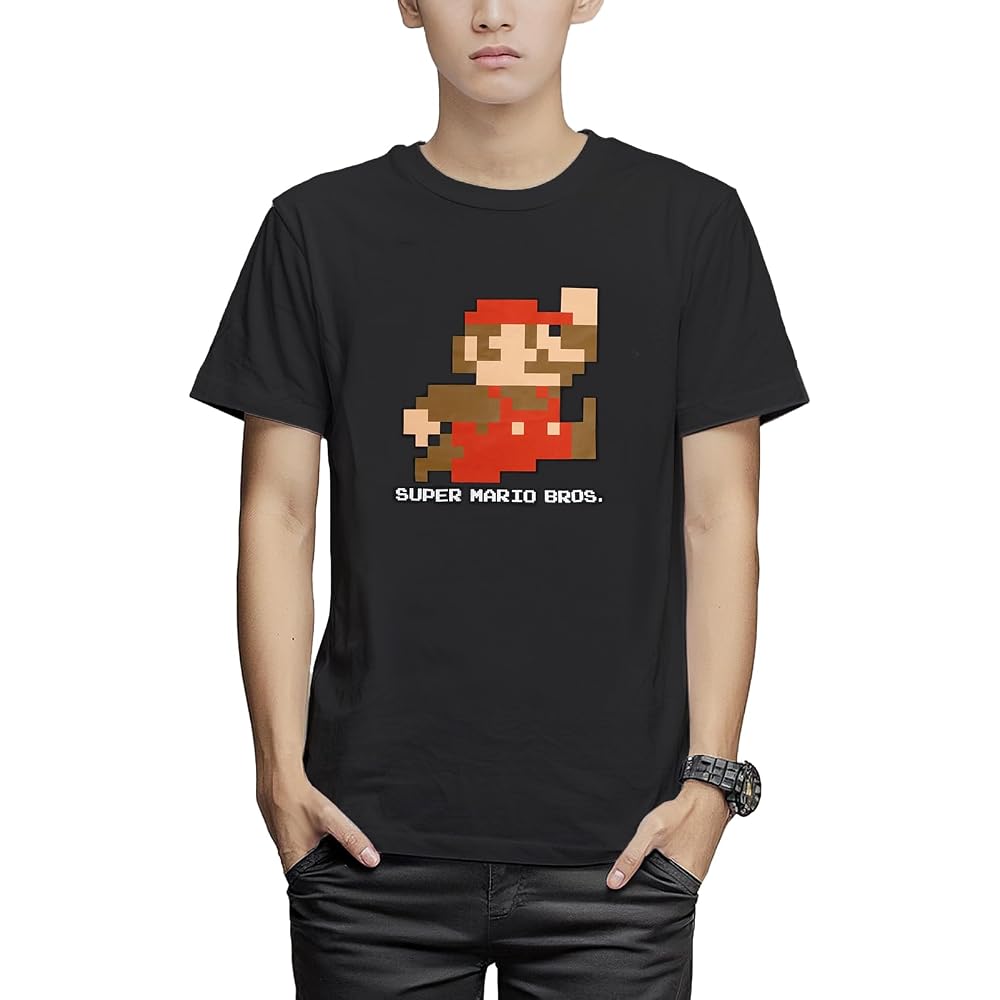 [Fine Plus] T-shirt Short Sleeve Super Mario Bros. Mario Dot Jump Retro Toy Character