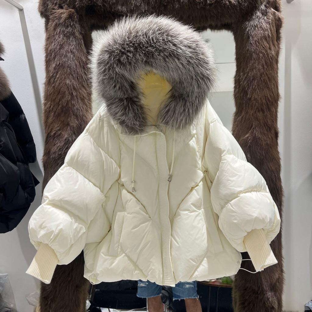 European winter new raccoon big fur collar hooded down jacket women's medium and long thickened warm knitted sleeve jacket