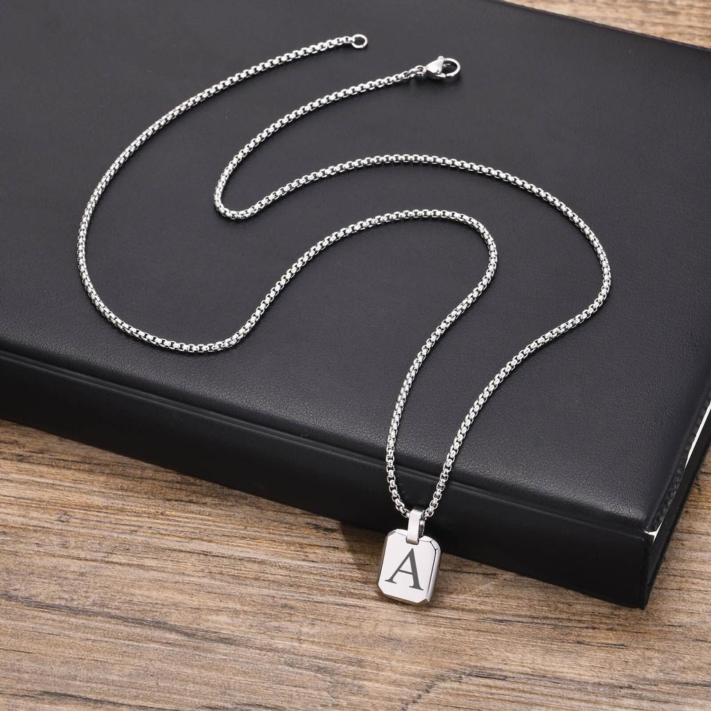 Stylish 26 Letter Necklace for Men Boys, Waterproof Stainless Steel Square Pendant Necklace, Alphabet Initial Collars, Gifts