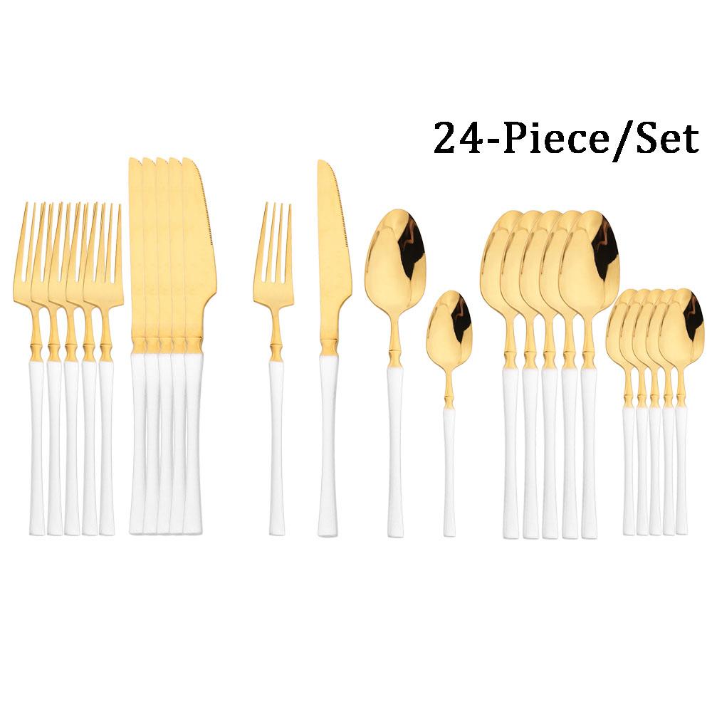 JANKNG 24Pcs White Gold Tableware Set Stainless Steel Dinnerware Spoon Fork Knife Cutlery Kitchen Food Flatware Silverware Set