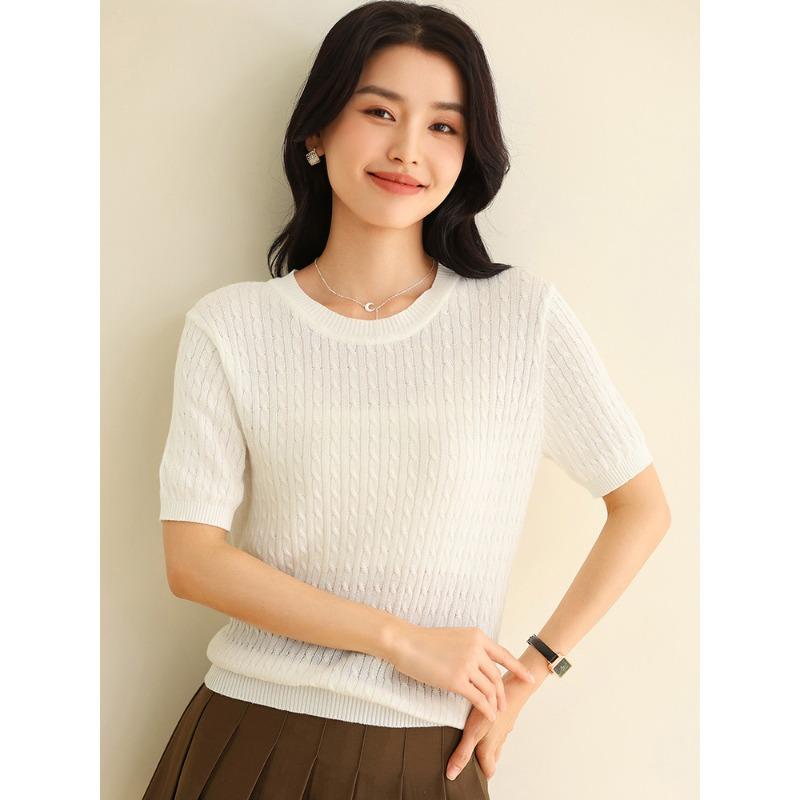 Garn aus reiner Baumwolle Rundhals Zopf Kurzarmpullover Sommer Kammgarn Kork Temperament Vielseitig Baumwolle Damen T-Shirt Top