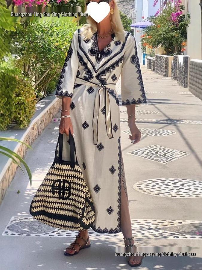 European & American Bohemian Printed Belt Dress - Autumn/Winter Women's Fashion.