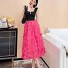 Women's European-Style Black Midi Skirt - 2025 High-End Mesh A-Line Umbrella Design