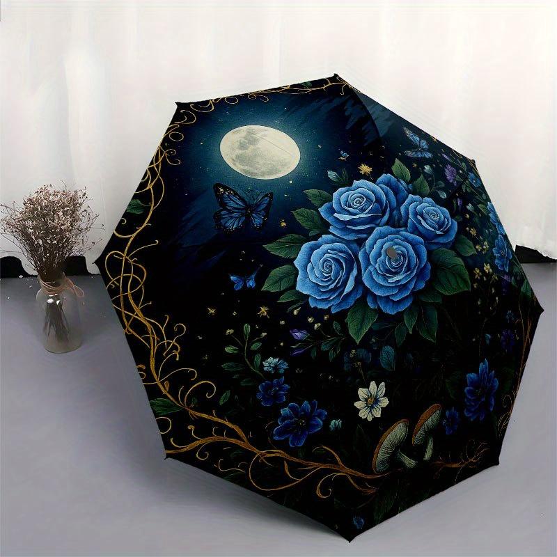 Blauer Rosengarten Mondlicht Fantasie Wandkunst DruckRegenschirm mit süßem Design, Tragbarer 3-fach Kompaktregenschirm für Männer & Frauen, Valentinstag Muttertag