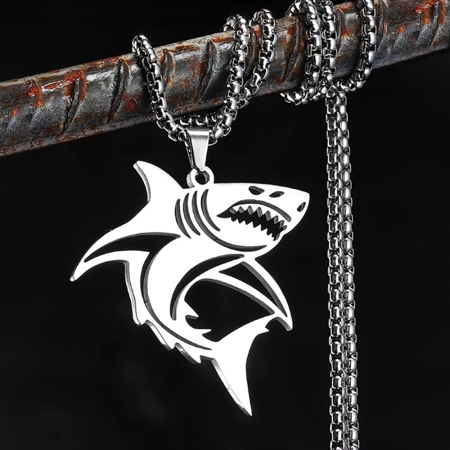 Unique Shark Hollow Pendant Necklace with Stainless Steel Cuban Chain, a Stylish Streetwear Piece for Men