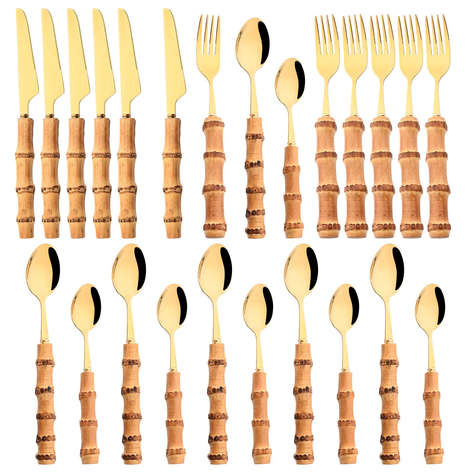 

24 шт., набор столовых приборов, золотой, оригинальный, из натуральной бамбуковой ручки, столовые приборы из нержавеющей стали, набор столовых приборов, вилка, ложка, домашняя кухонная посуда золотой