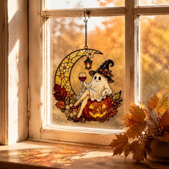 Farmhouse Exterior Ornament 2D Ghost Moon Pumpkin Acrylic Suncatcher, Halloween Window Hanging Ornament, Autumn Thanksgiving Garden Yard Wall