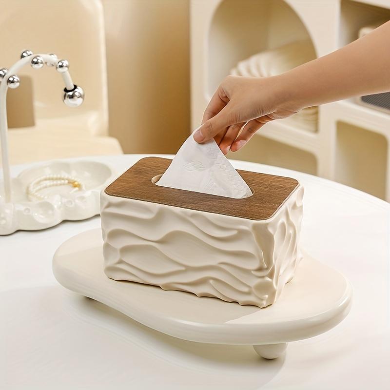 Tissue Box Nordic Minimalist Style Corrugated Tissue Box, Arched Handkerchief Box with Wood Grain Lid, Large Napkin Dispenser