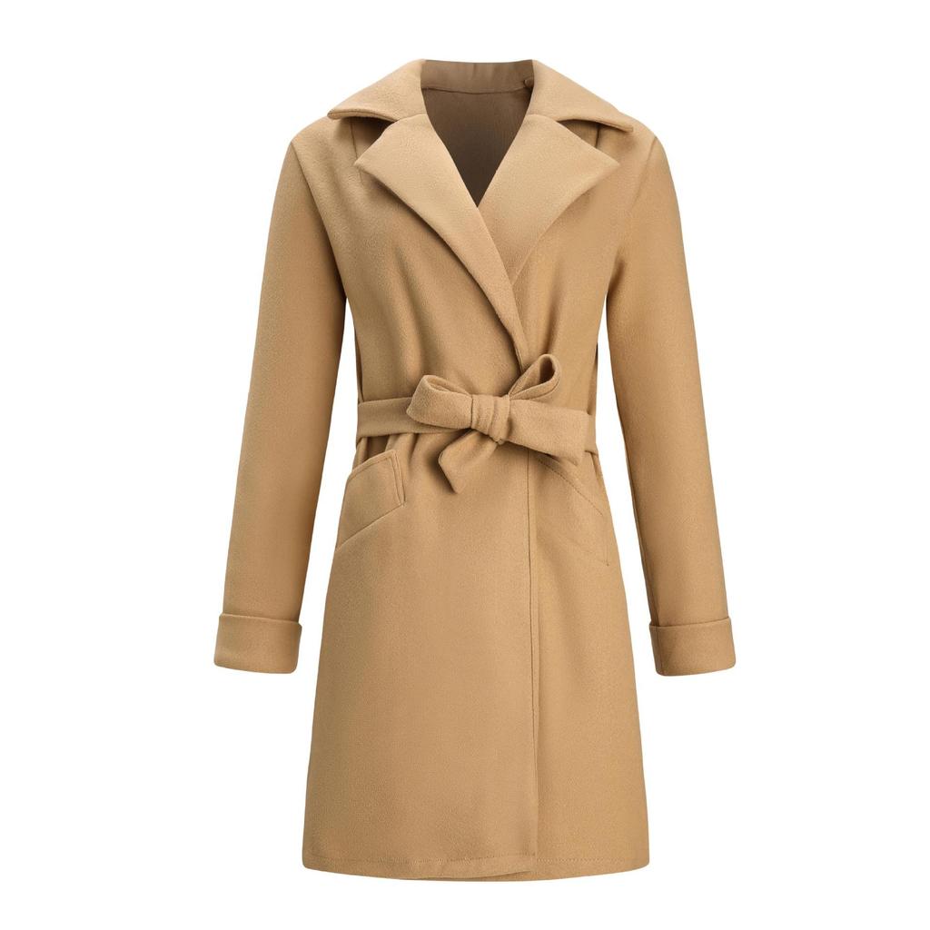 2026 Women's Tailored Wool Blend Coat, Notch Lapel Belted Trench Coat for Autumn, Slim Fit Office & Formal Outerwear