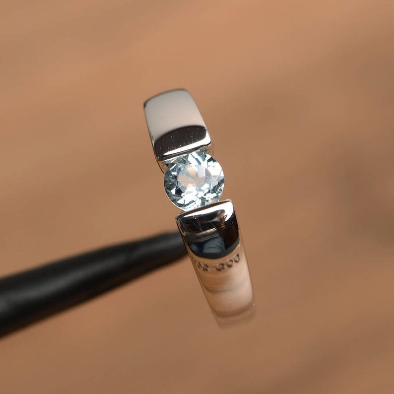 Women's Blue Round Cut Aquamarine Gemstone Ring 925 Sterling Silver Statement Band For Engagement & Wedding Wear