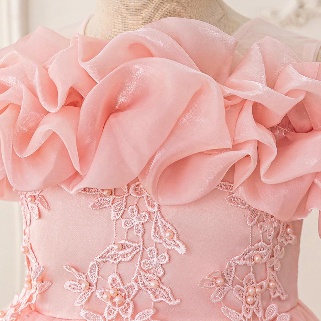 Girls' One-Shoulder Beaded Puff Skirt Evening Dress for Weddings
