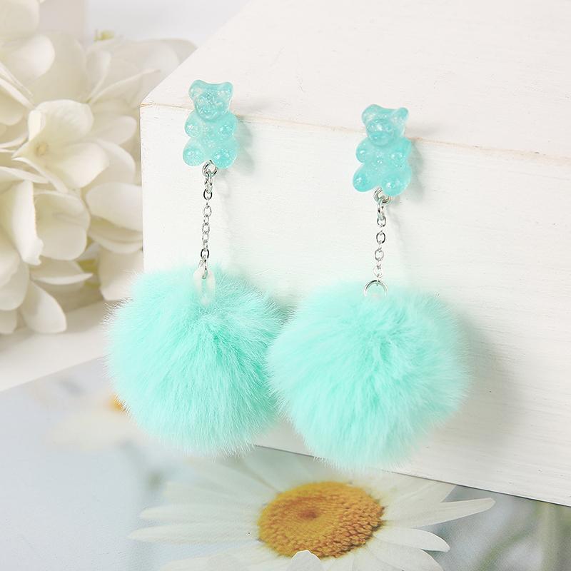 1Pair Cute Pompom Stud Earring Multicolours Resin Candy Bear Charms  With Puffer Ball Fashion Woman Jewelry Birthday Gift