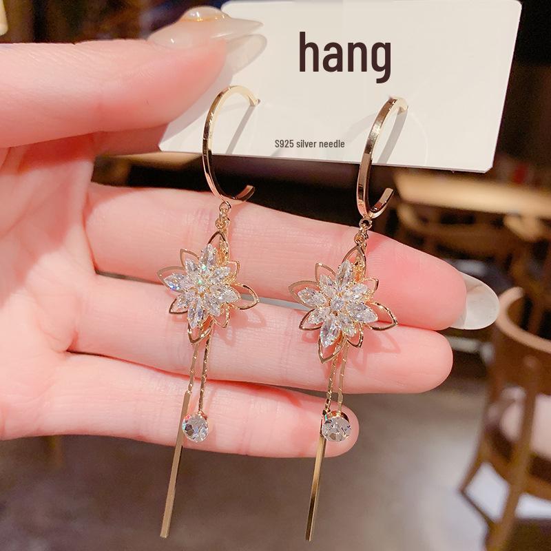 Zircon Flower Tassel Earrings, Korean Style, S925 Silver Needle, Slim Face Design