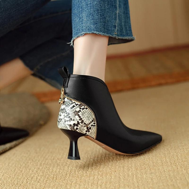 Fashion NEW Autumn Women Boots Pointed Toe Kitten Heel Shoes Split Leather Shoes for Women Mixed Colors Ankle Boots Elegent Zipper Boots