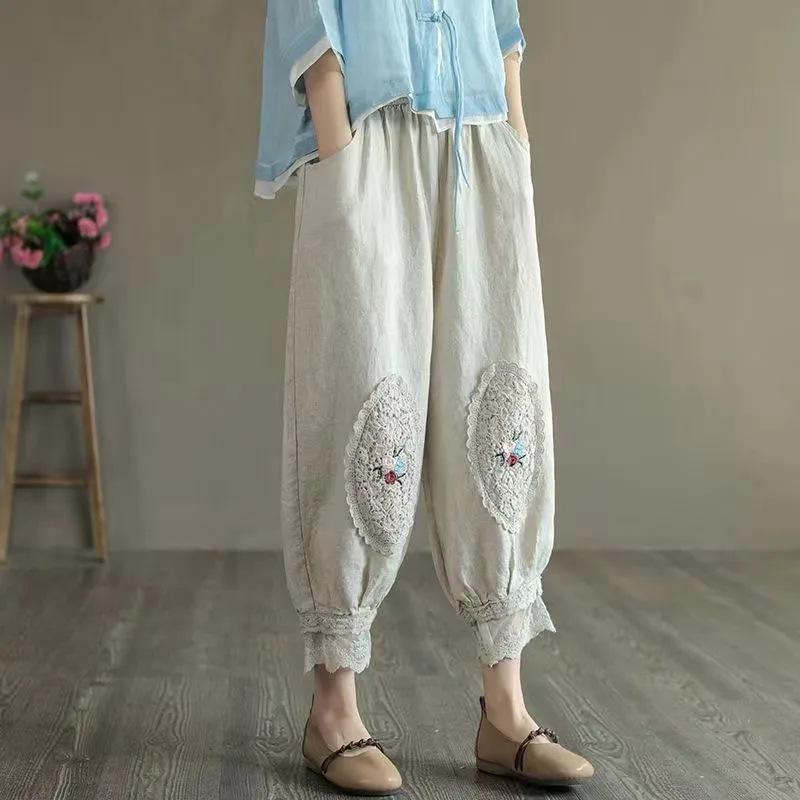 Vintage Cotton Linen Pants Women Summer Pockets Beach Trousers Casual High Waist Loose Harem Pants