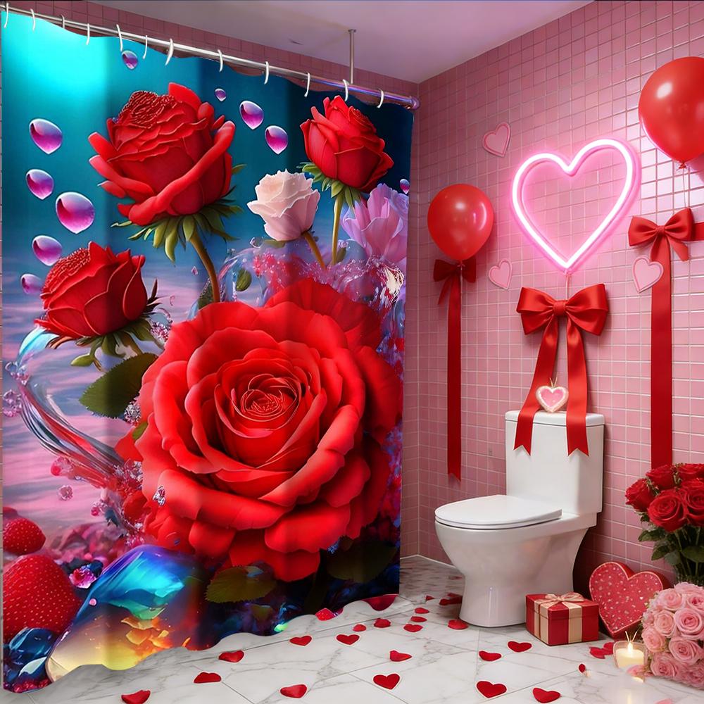 Zasłona prysznicowa Walentynkowa Serce Miłości Róża, wodoodporna zasłona do łazienki z 12 haczykami, dekoracja domu w kształcie ryby