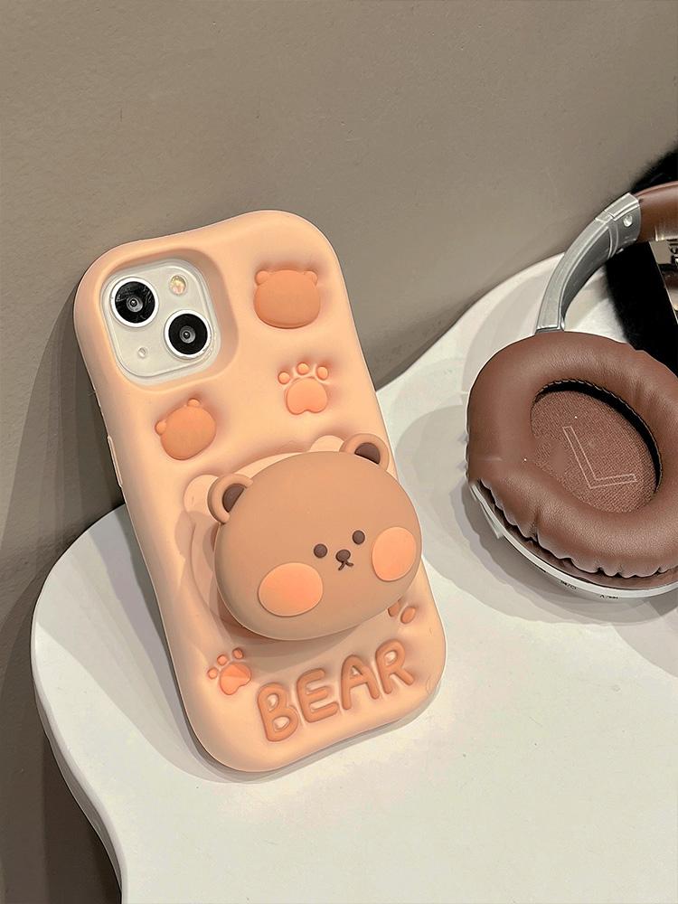 Lovely 3D Bear Hidden Holder Stand Silicone Phone Case For iPhone 11 12 13 14 15 16 Pro Max XS XR X 7 8 Plus Cute Girl Cover
