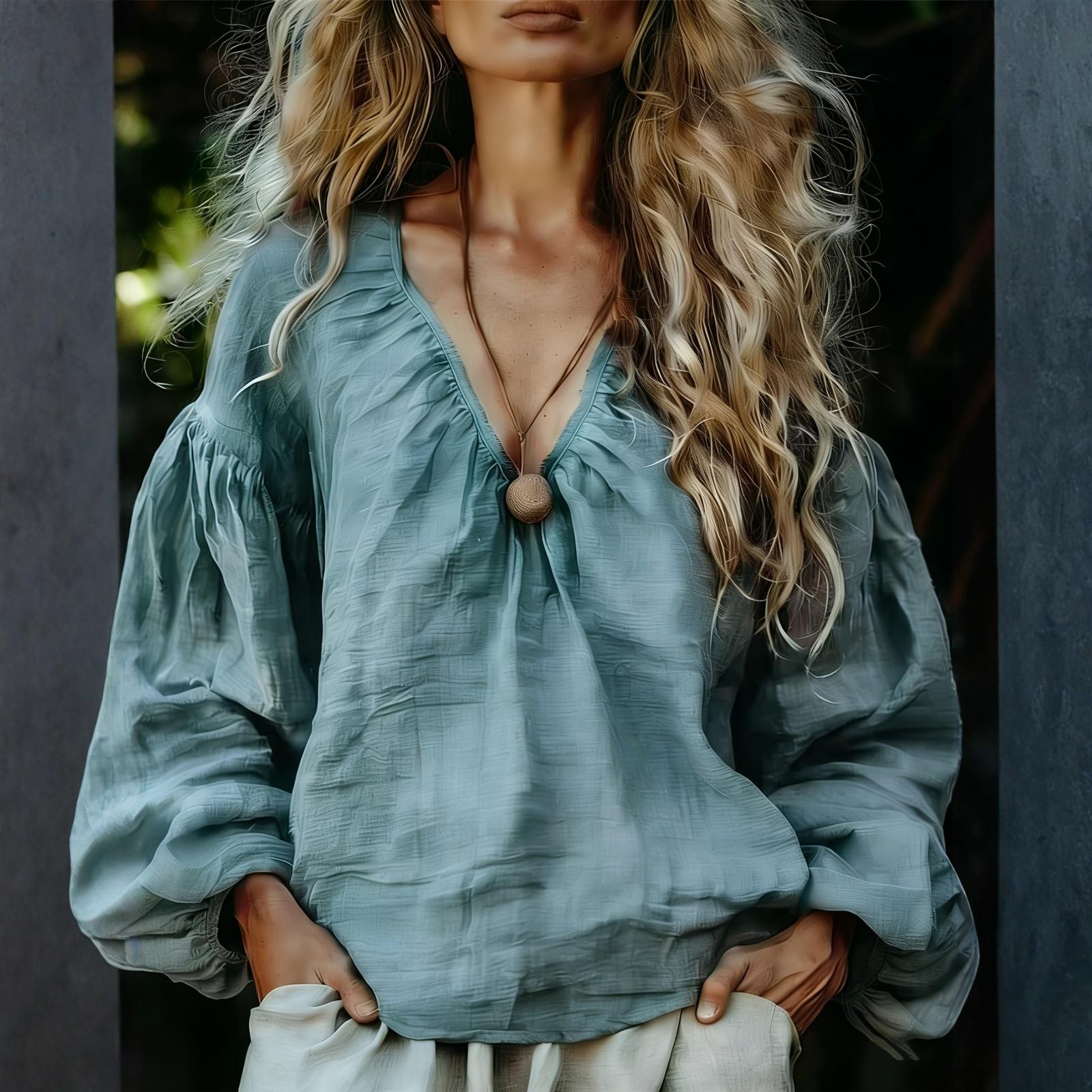 

Women s Simia Style Linen Loose Fit Long Sleeve Basic Top with V Neck and Gathered Shoulder Design for Casual Wear S