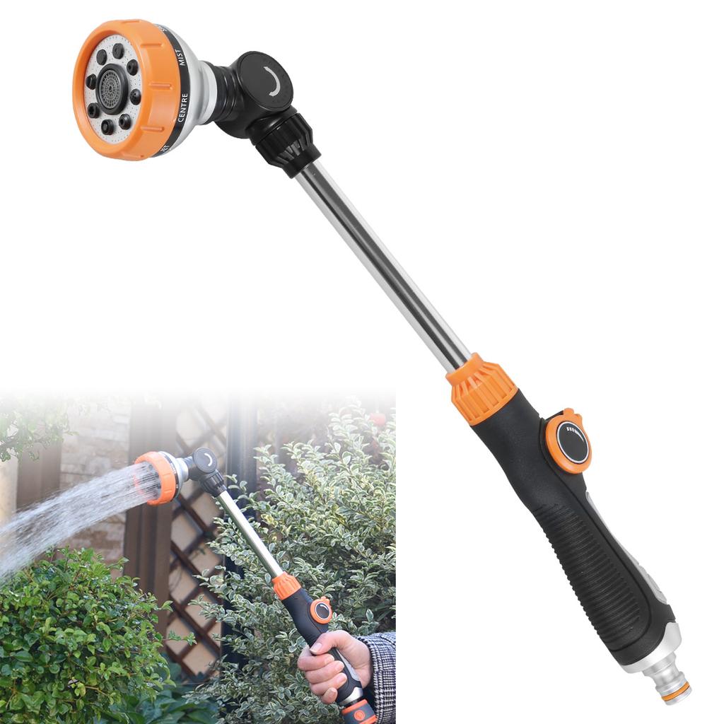 47cm Water Sprayer Nozzle Long Rod Garden Sprinkler with Adjustable Head 8 Spray Modes High Pressure Irrigation Hose Nozzle