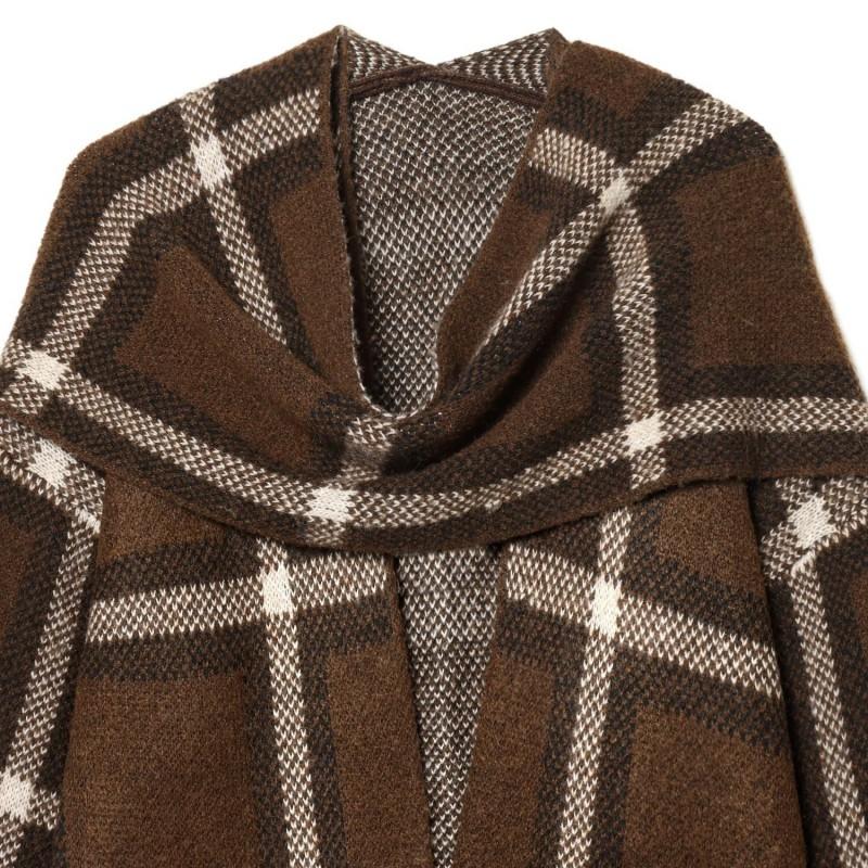 Womens Winter Knit Cardigan Coat With Plaid V-Neck Long Sleeve Mid-Length Sweater Jacket