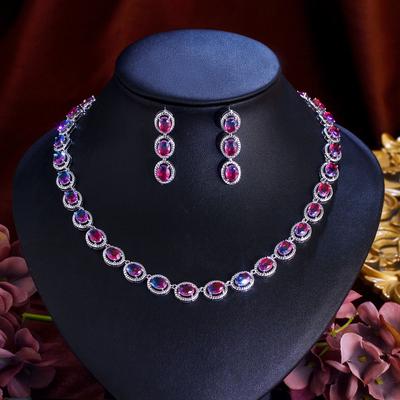 Jewelry Watermelon Tourmaline Wedding Dress Temperament Set Chain Gradual Change Color Stone Earrings Necklace Two Sets