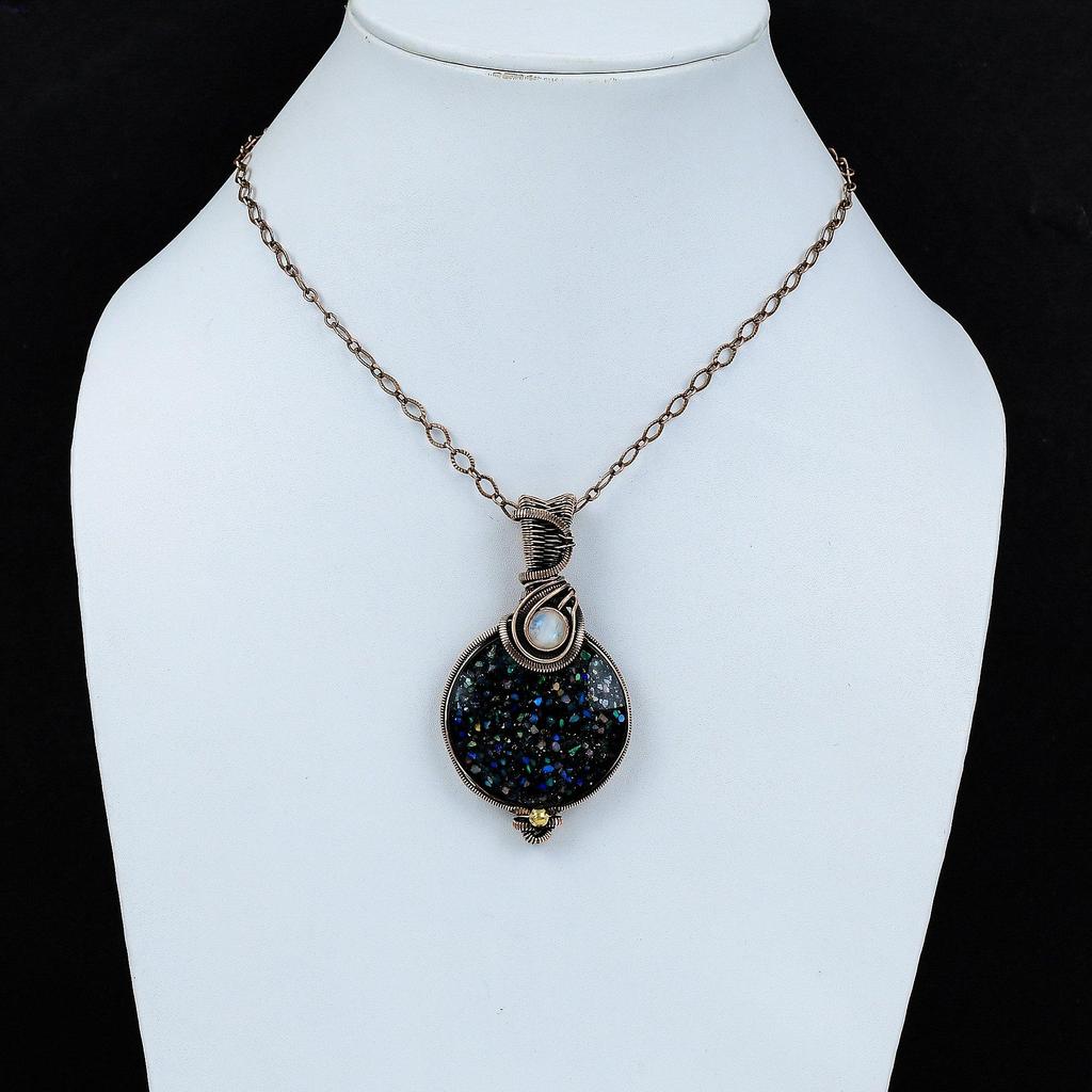 Black Ethiopian Opal Pendant Copper Wire Wrapped Pendant Rainbow Moonstone Pendant Gemstone Pendant Handmade Copper Jewelry Anniversary Gift