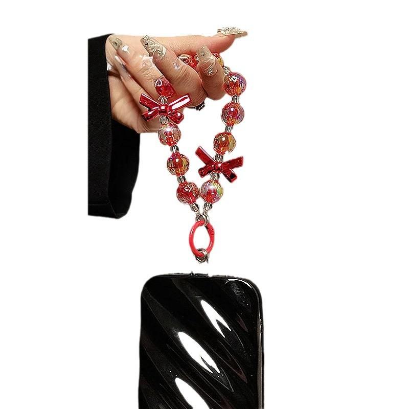 Personalized Bow Phone Chain, Short Wrist Handmade Beaded Phone Lanyard Phone Case Pendant