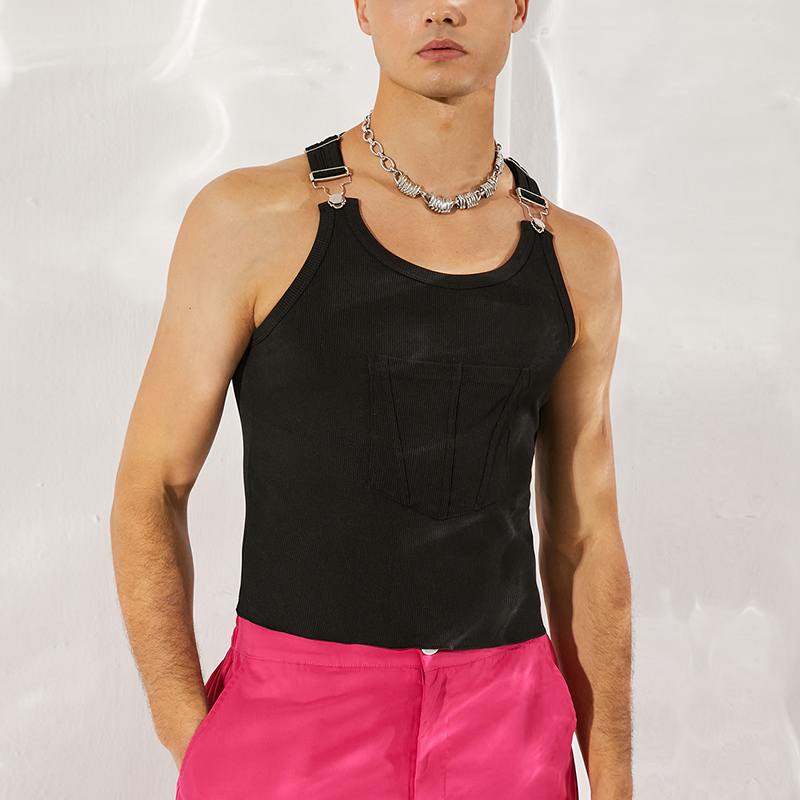 Moda Hombre Camisetas sin Mangas Cuello Redondo Color Sólido sin Mangas Bolsillos Tirantes Chalecos Hombre Ajustado Ropa de Calle Sexy Vacaciones Tops