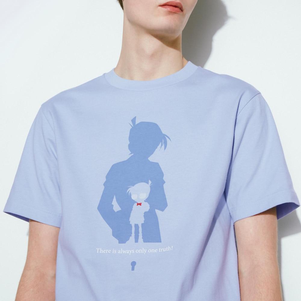Uniqlo X Detective Conan Collaboration SS23 Solid Color Character Silhouette Print Round Neck Short Sleeve T-Shirt Unisex Tops Light-Blue 462173-61