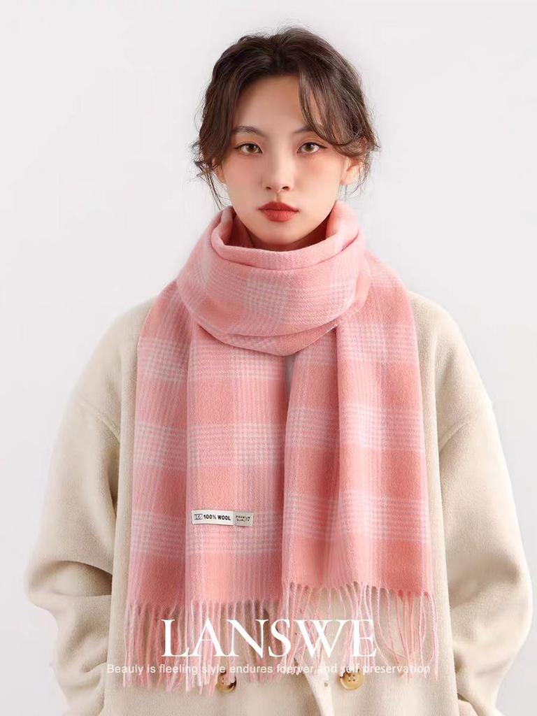 Checkerboard Grain Scarf Female Winter Warm Pure Wool Cashmere Shawl Couple Accessory Premium Sense Windproof Scarf For Women