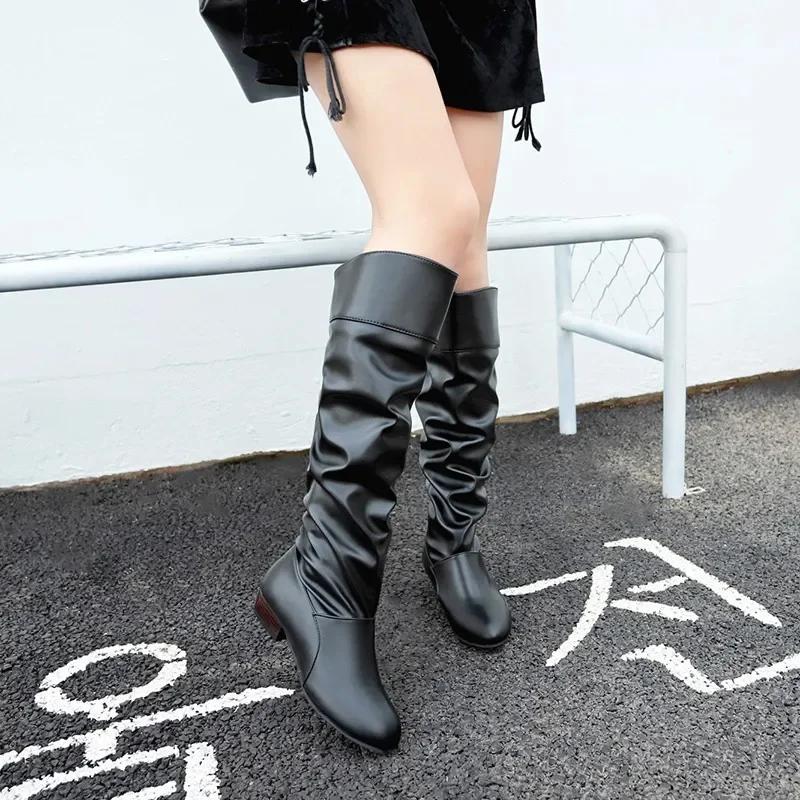 Fashion Shoes for Women Fashion Sleeve Women's Boots Spring Autumn Round Toe Solid High Tube Low-heeled Plus Size Boots Zapatos Mujer