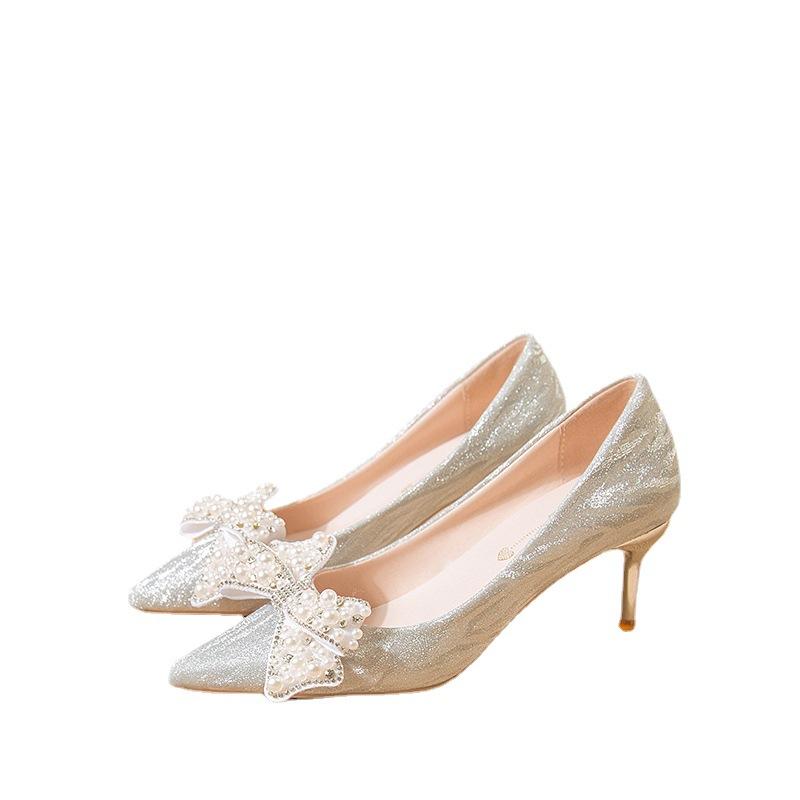 2025 Spring Crystal Pearl Bow-knot Women Pumps 6cm 8cm High Heels Fashion Bling Summer Stiletto Party Wedding Prom Shoes WSH4857