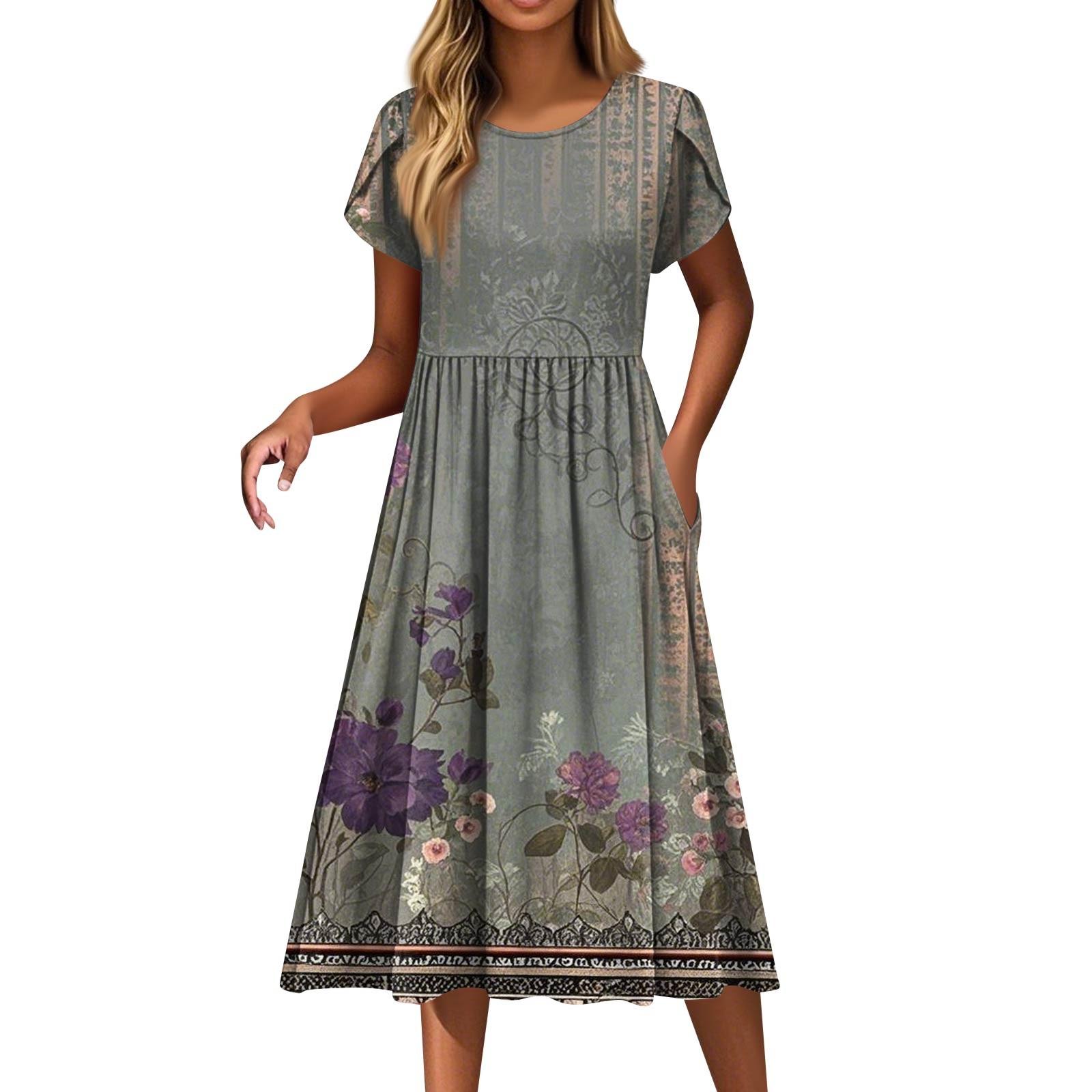 

Женские платья Винтажные цветочные платья с круглым вырезом и коротким рукавом XL