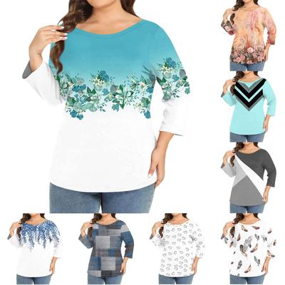 Women's Plus-size Model O-neck 3/4 Sleeve Solid Color Top