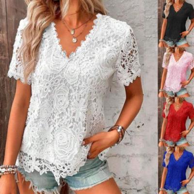 Verão feminino elegante renda com decote em v topo moda cor sólida casual solto de manga curta camiseta férias casual rua topo