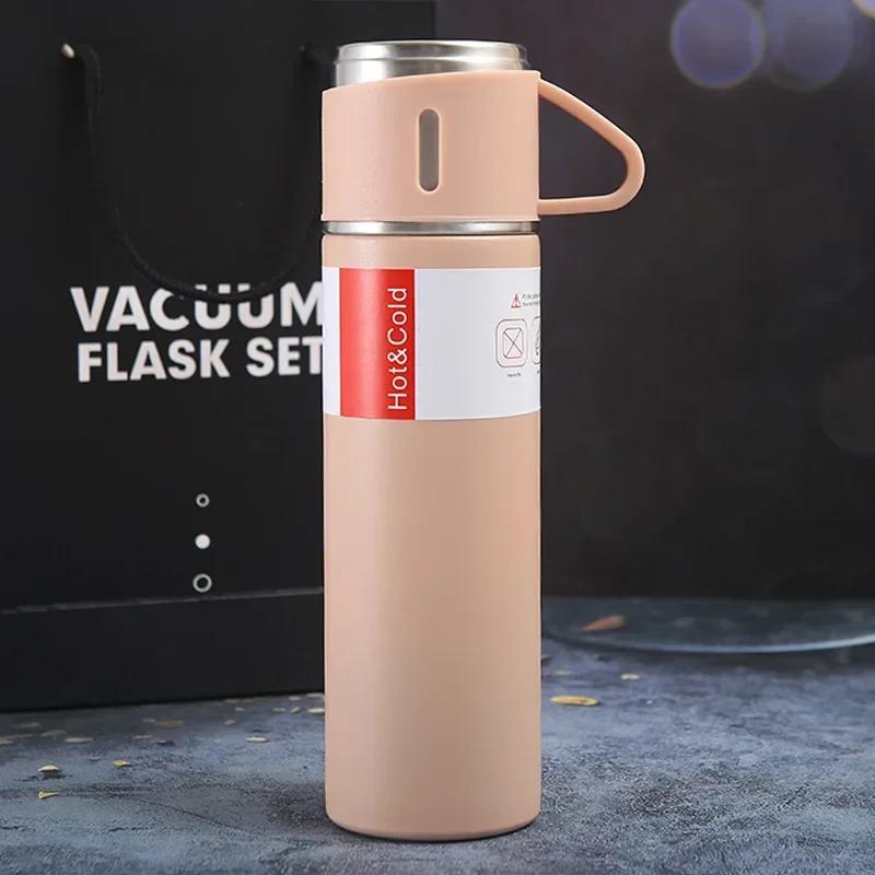 500ml 3-in-1 Lid 304 Stainless Steel Thermos Gift Set, Double Wall Vacuum Insulated Water Bottle with 2 Drinking Cups