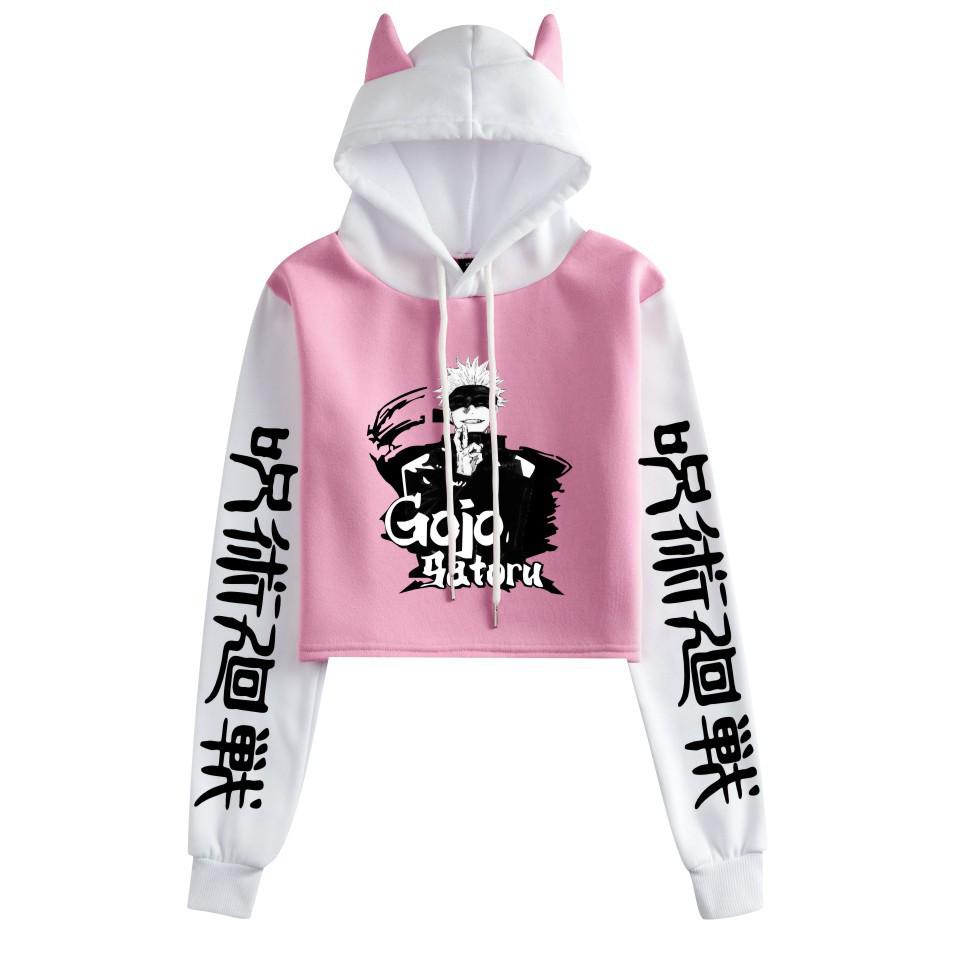 Felpa Crop Top Jujutsu Kaisen 2021 Gojo Satoru con Orecchie da Gatto e Design Color Block