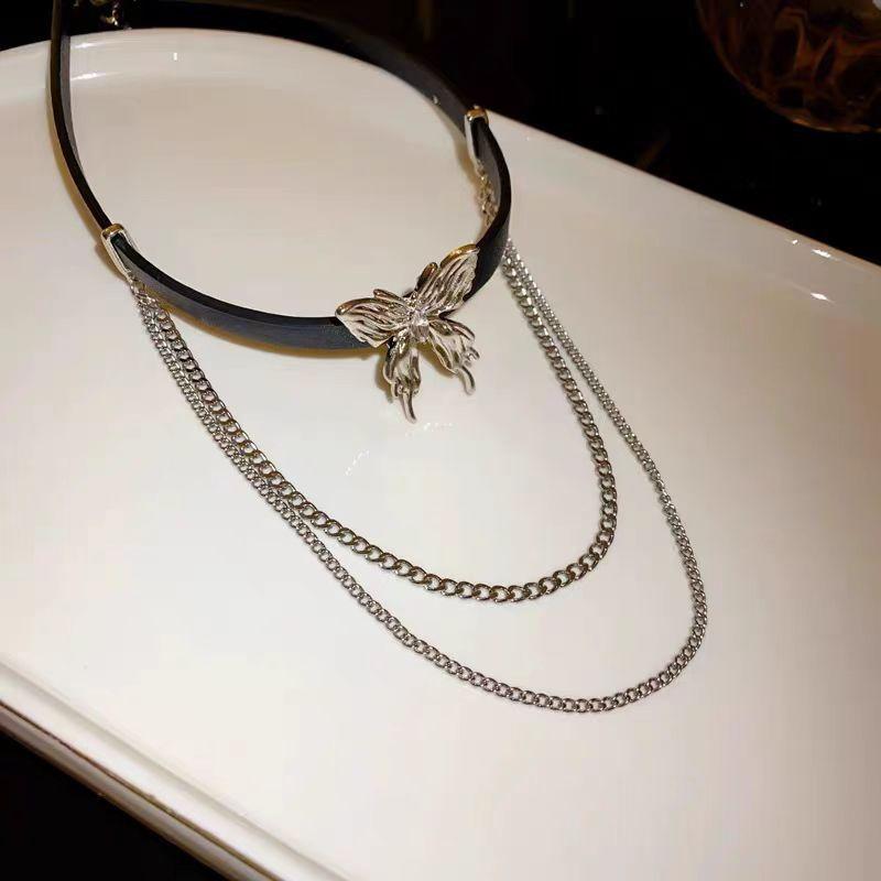 Butterfly Choker Fringed Leather Necklace Female Niche Double Clavicle Chain Babes Sweet Cool Yabi Wind Collar Necklace