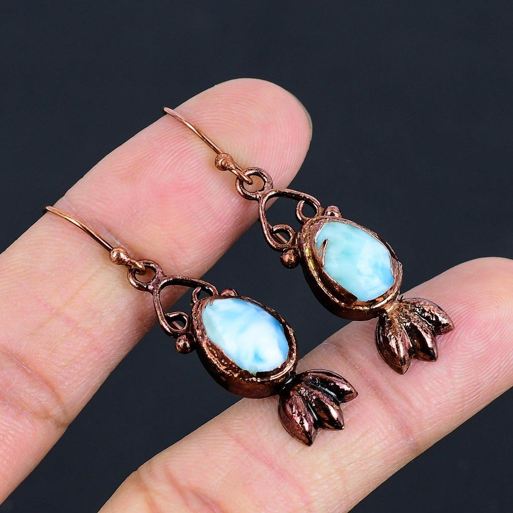 Larimar Earrings, Copper Electroformed Jewelry, Gemstone Earrings, Gift For Her Handmade Dainty Jewelry